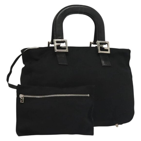 FENDI Hand Bag Cotton Black Silver Auth 134172